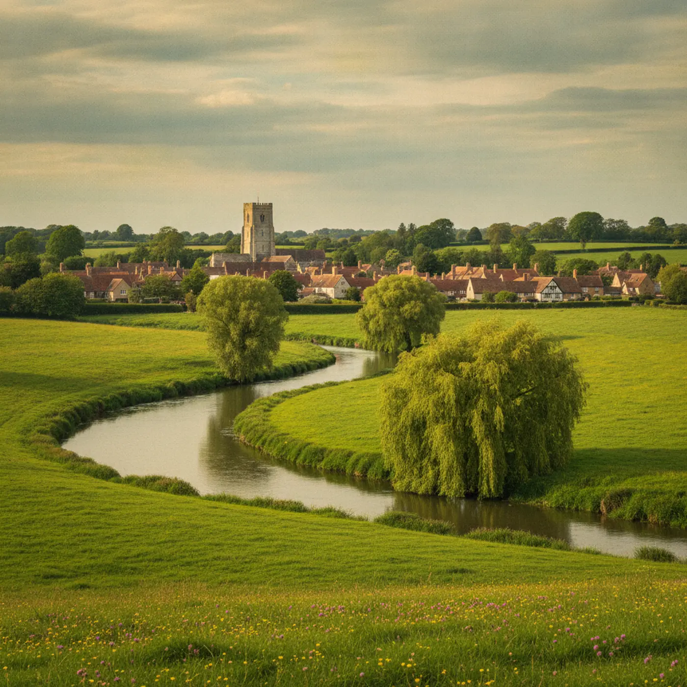 A quiet river winding through green Essex meadows past a village church tower