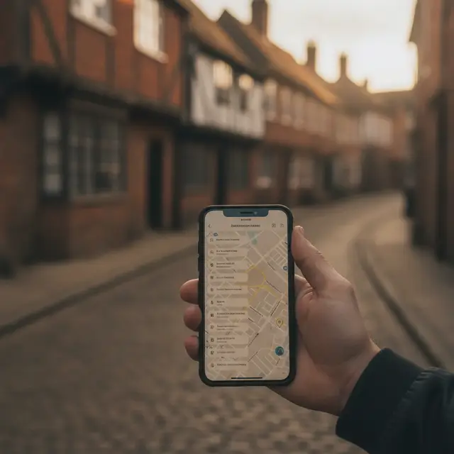 A hand holding a phone showing local map search results on a historic brick street