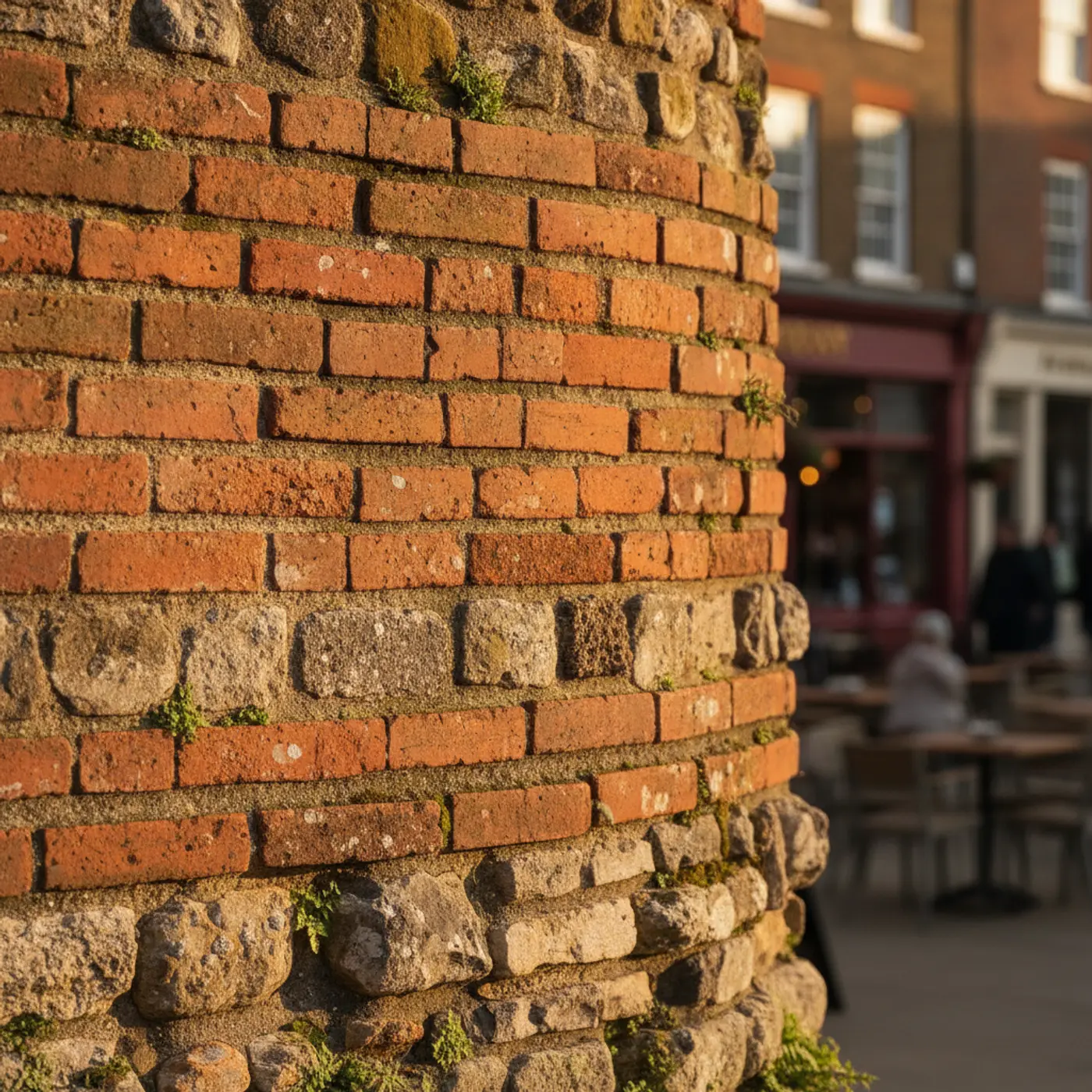 Layers of red Roman tile set into an ancient stone wall