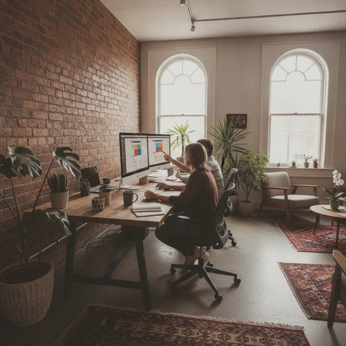 Designers at a pair of monitors working on a website layout