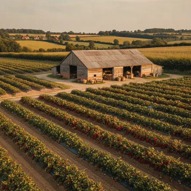 Rows of fruit bushes in Essex farmland with a farm shop barn in the background
