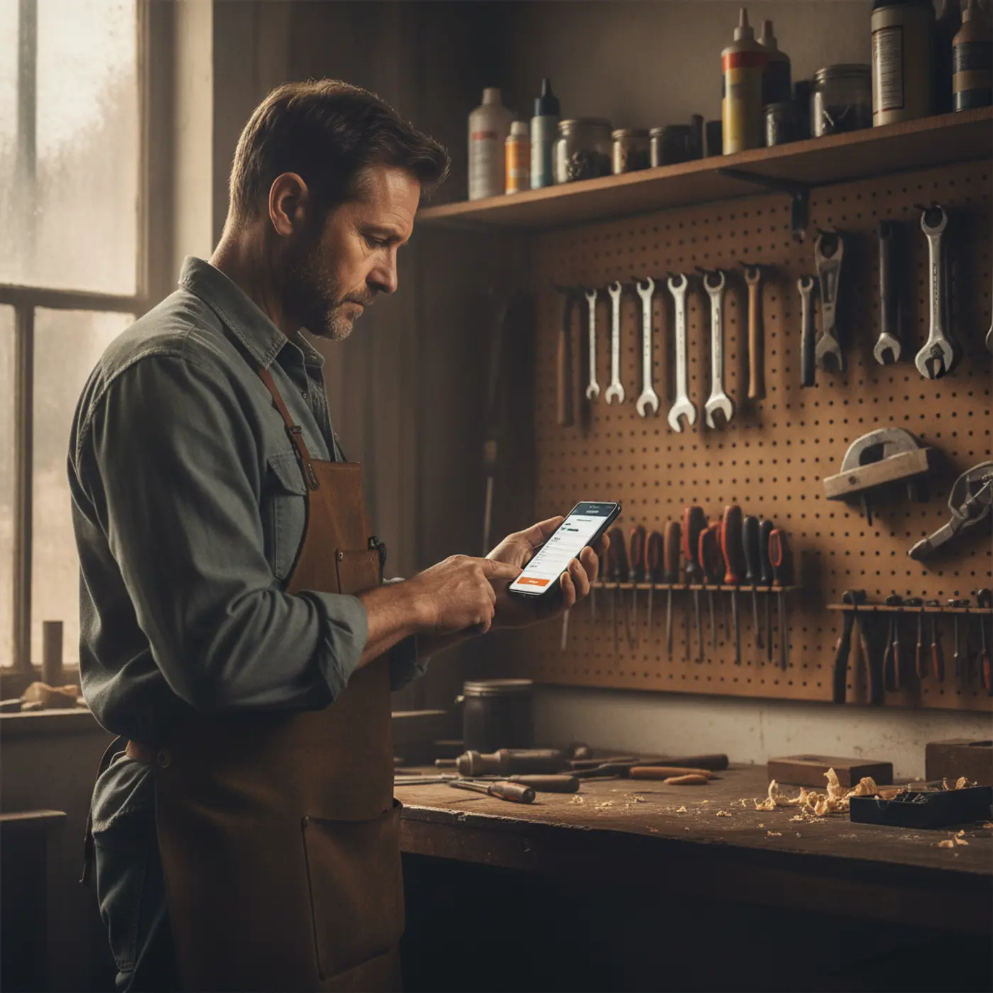 A tradesman in his workshop checking a booking enquiry on his phone